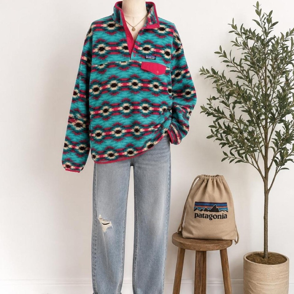Patagonia Synchilla Snap-T Turquoise Southwestern Print Fleece Pullover Women's